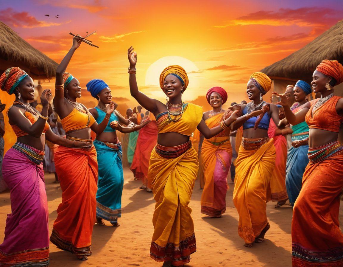 A lively celebration scene depicting diverse African cultures intertwined through vibrant dances and joyful expressions. The background should be filled with colorful textiles and traditional art, showcasing musical instruments and food that reflect communal joy. Include smiling faces of men and women in traditional attire, dancing under a bright sunset sky, creating a sense of warmth and togetherness. vivid colors. super-realistic. cultural richness.