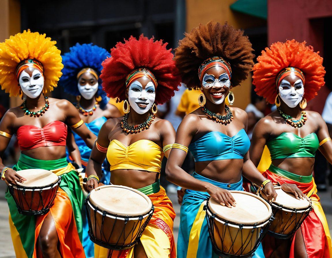 A vibrant celebration of Afro-centric adult entertainment, featuring colorful traditional attire, joyful expressions, and lively dance. The scene should incorporate elements of culture like drums and masks, set against a vivid urban backdrop. Highlight the beauty and diversity of the participants in an engaging and respectful manner. Bright colors, dynamic movements, and a festive atmosphere should be emphasized. colorful illustration. vibrant colors. 3D.