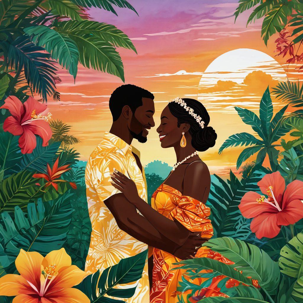 A vibrant and colorful illustration showcasing a joyful couple embracing under a lush canopy of tropical foliage, with swirling patterns of African fabric intertwining around them. In the background, a sunset bathes the sky in warm hues while exotic flowers bloom profusely, symbolizing love and ecstasy. The scene captures the essence of joy and romance in Sub-Saharan culture. bright colors. painting. tropical style.